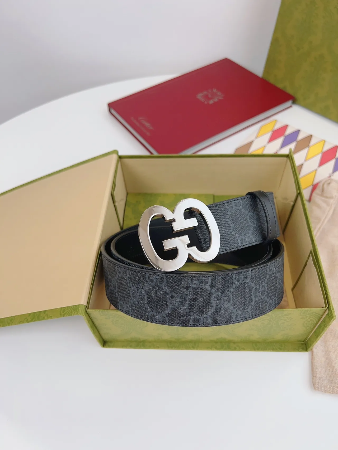Gucci GG Marmont Double G Buckle Black Monogram Leather Belt 4