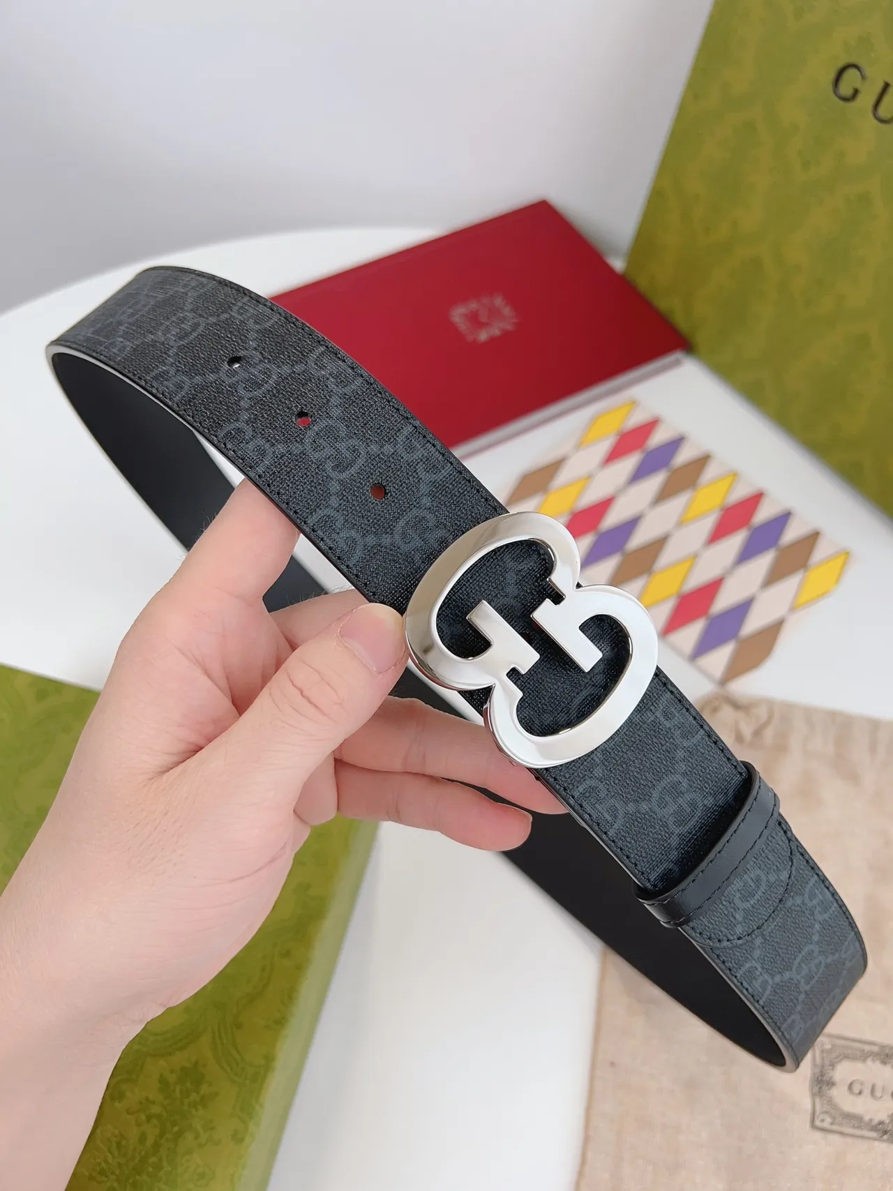 Gucci GG Marmont Double G Buckle Black Monogram Leather Belt 7