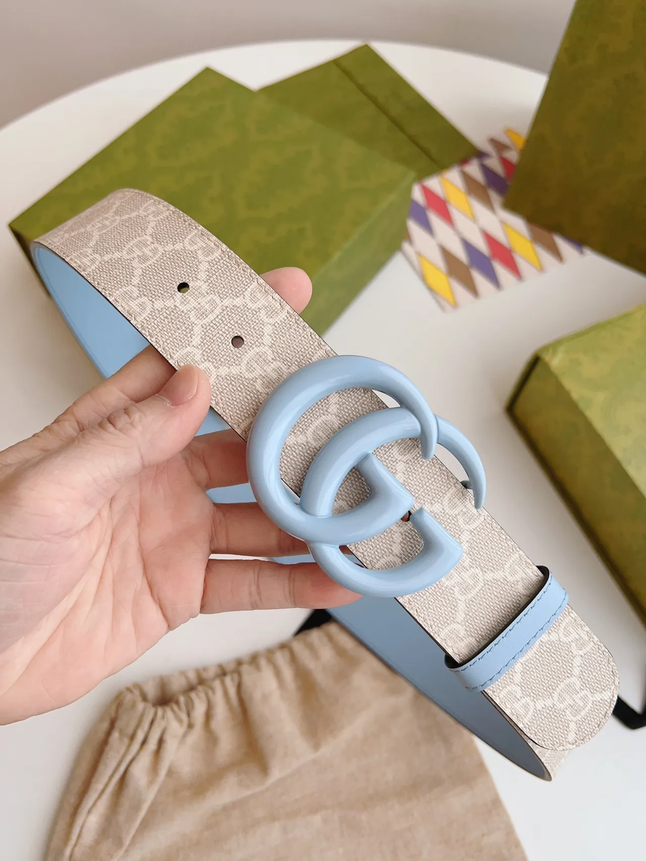 Gucci GG Marmont Light Blue and Beige Leather Belt 4