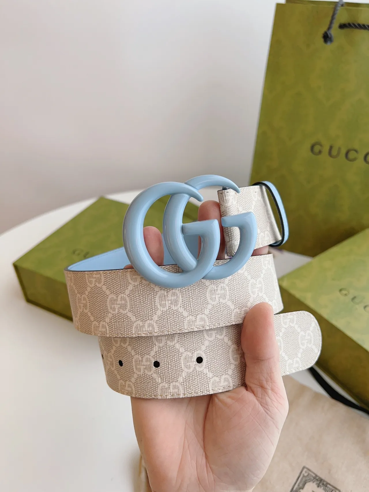 Gucci GG Marmont Light Blue and Beige Leather Belt 6