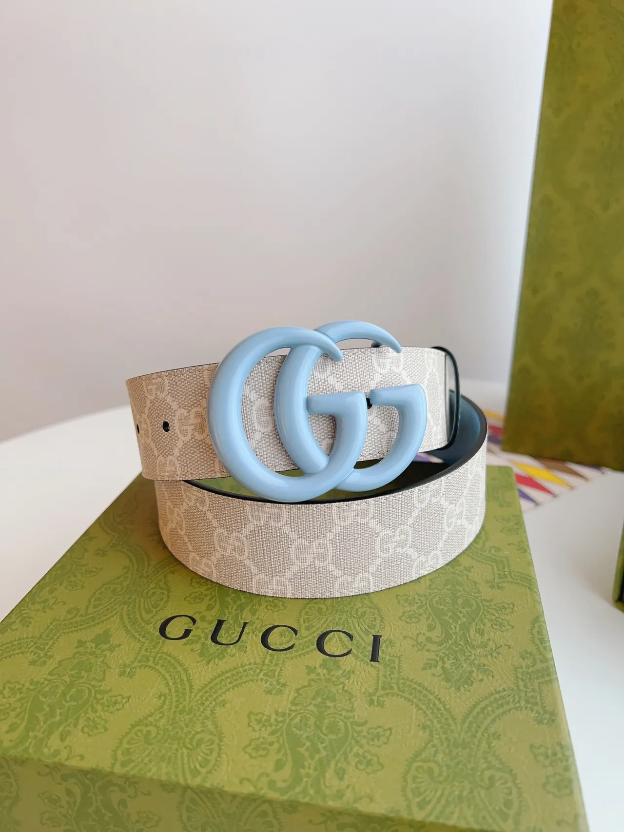 Gucci GG Marmont Light Blue and Beige Leather Belt 7