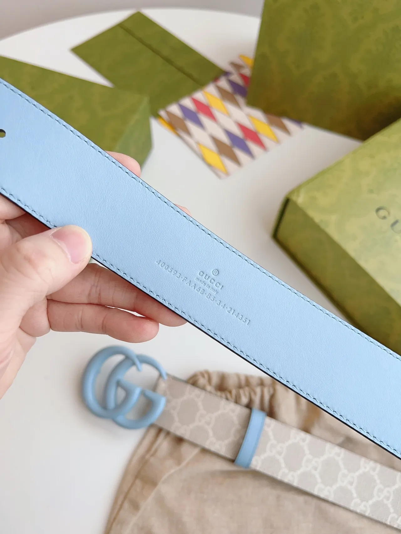Gucci GG Marmont Light Blue and Beige Leather Belt 8