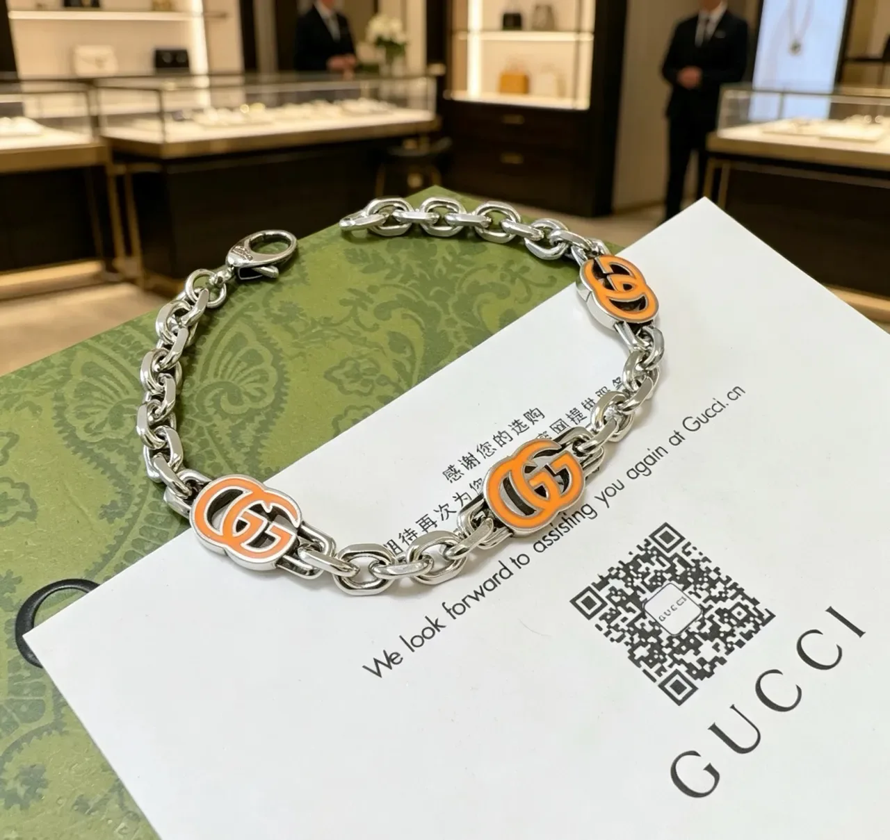 Gucci GG Marmont Orange Enamel Silver-Tone Chain Bracelet 2