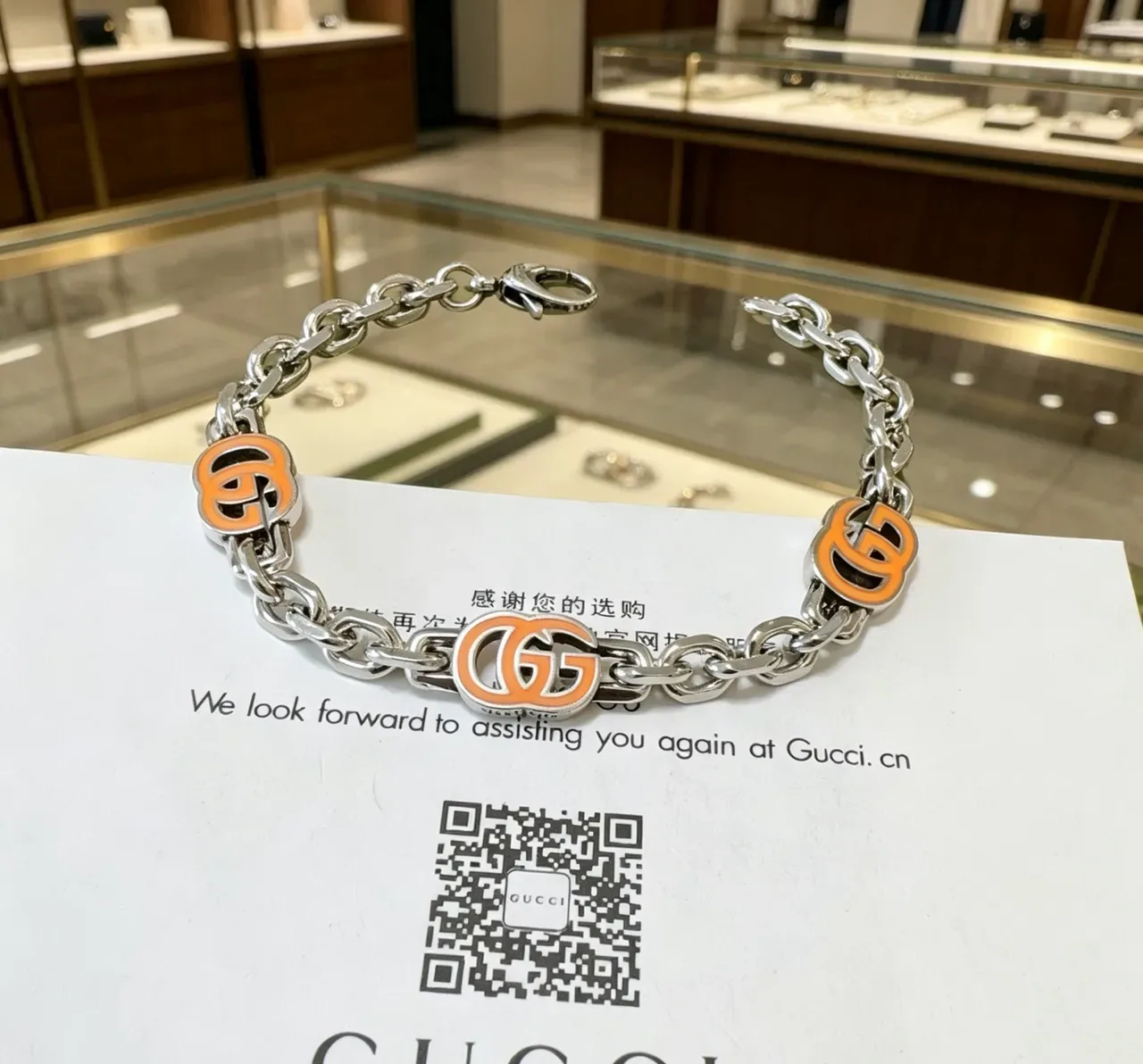 Gucci GG Marmont Orange Enamel Silver-Tone Chain Bracelet 5