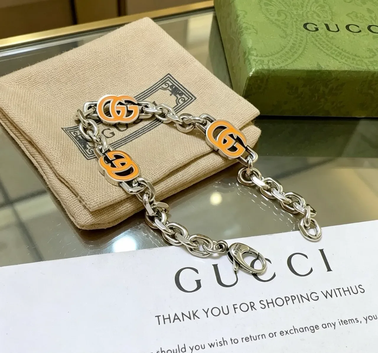 Gucci GG Marmont Orange Enamel Silver-Tone Chain Bracelet 7
