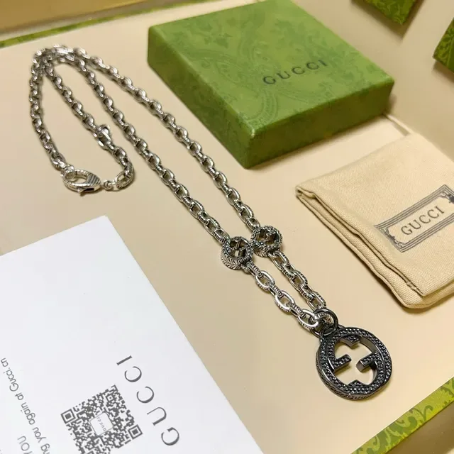 Gucci GG Marmont Silver Black Interlocking G Pendant Beaded Border Necklace 7