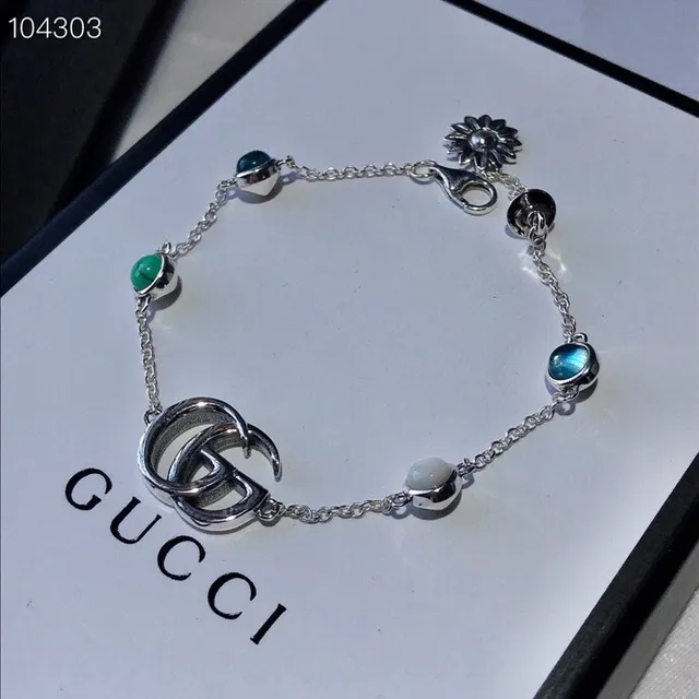 Gucci GG Marmont Silver Blue Interlocking G Logo Chain-Link Construction Bracelet 2