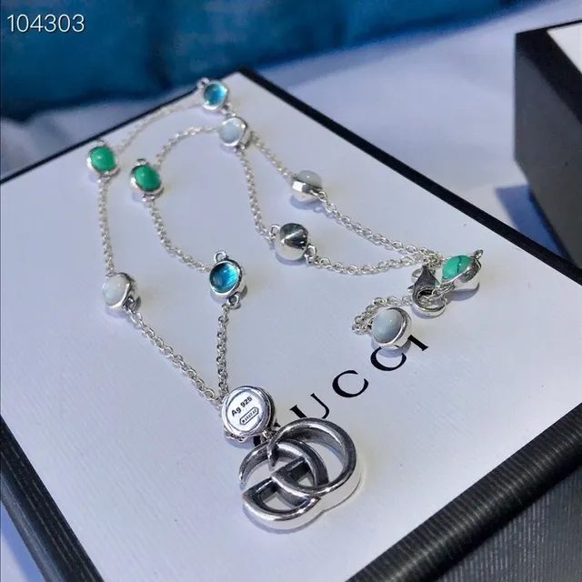 Gucci GG Marmont Silver Blue Interlocking G Logo Chain-Link Construction Bracelet 3