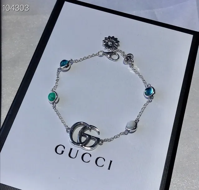 Gucci GG Marmont Silver Blue Interlocking G Logo Chain-Link Construction Bracelet 5