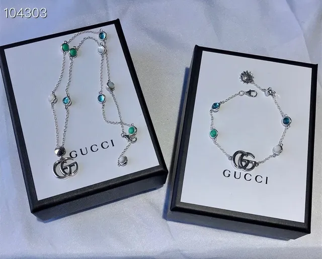 Gucci GG Marmont Silver Blue Interlocking G Logo Chain-Link Construction Bracelet 6