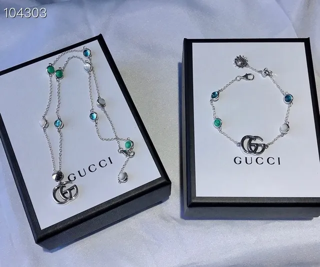 Gucci GG Marmont Silver Blue Interlocking G Logo Chain-Link Construction Bracelet 7