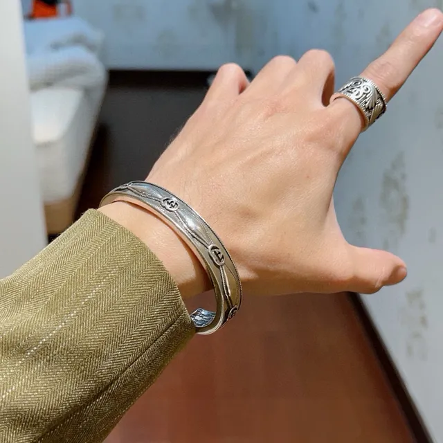 Gucci GG Marmont Silver Gold Open Cuff Engraved Honeycomb Interior Bracelet 2