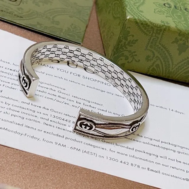 Gucci GG Marmont Silver Gold Open Cuff Engraved Honeycomb Interior Bracelet 3