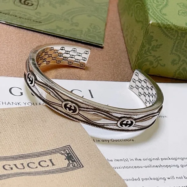Gucci GG Marmont Silver Gold Open Cuff Engraved Honeycomb Interior Bracelet 4
