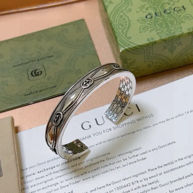 Gucci GG Marmont Silver Gold Open Cuff Engraved Honeycomb Interior Bracelet 6