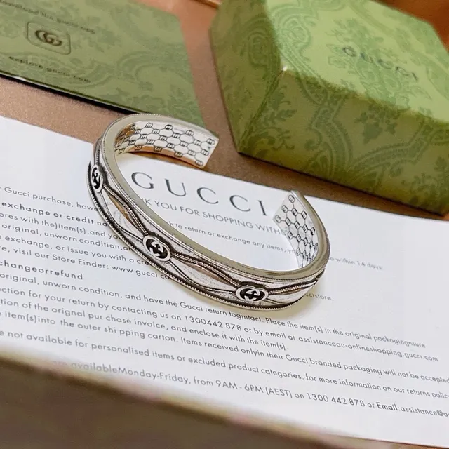 Gucci GG Marmont Silver Gold Open Cuff Engraved Honeycomb Interior Bracelet 7