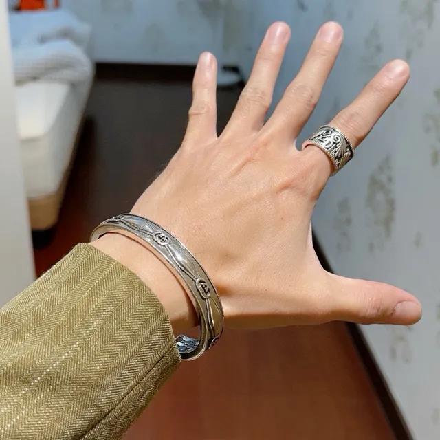 Gucci GG Marmont Silver Gold Open Cuff Engraved Honeycomb Interior Bracelet 8