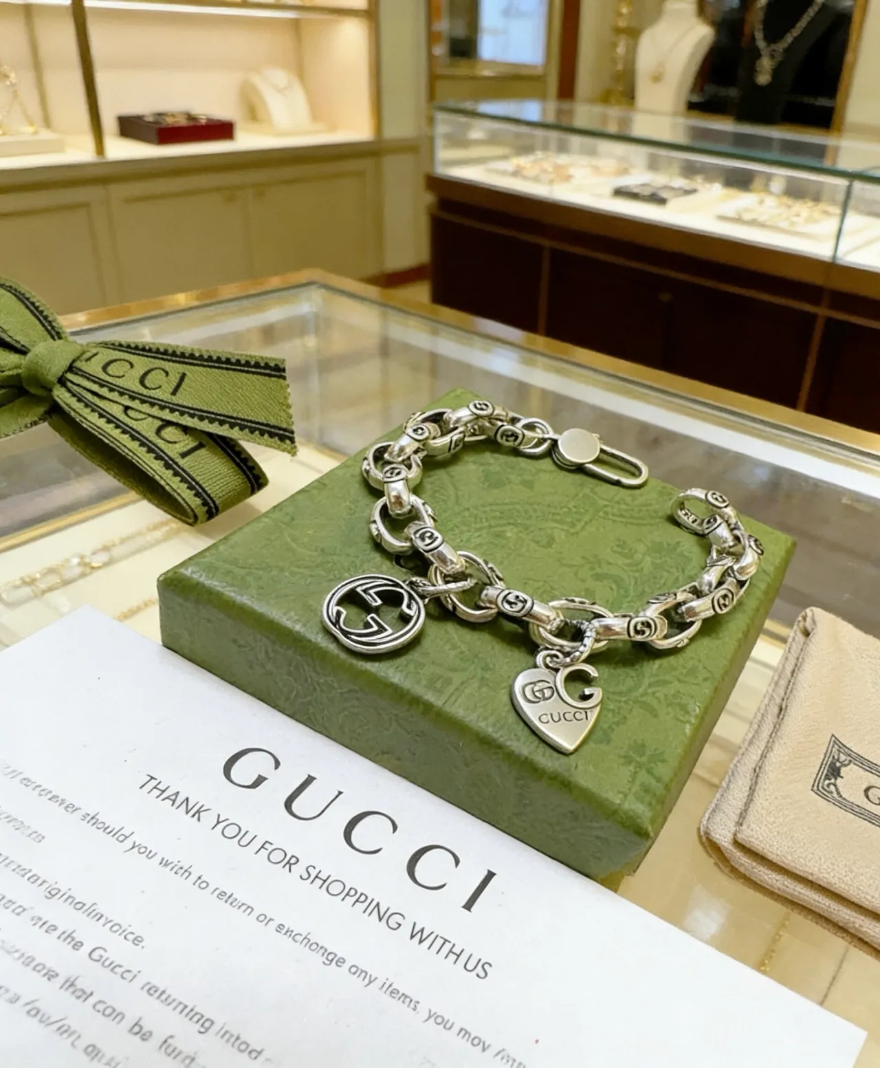 Gucci GG Marmont Silver Green Chunky Link Chain Interlocking G Pendant Bracelet 6