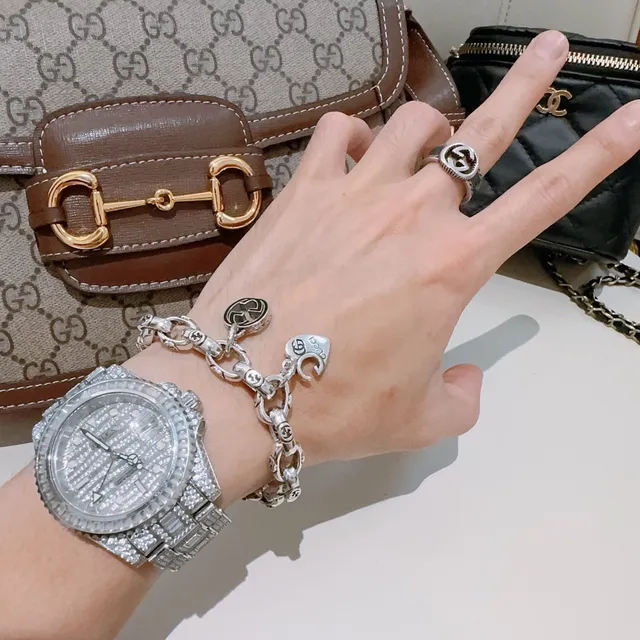 Gucci GG Marmont Silver Green Chunky Link Chain Interlocking G Pendant Bracelet 8