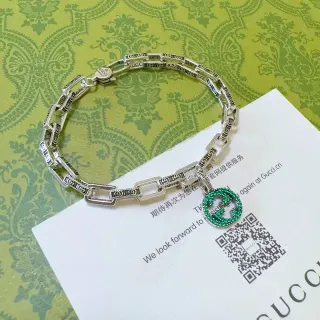 Gucci GG Marmont Silver Green Rectangular Link Chain Engraved Branding Bracelet