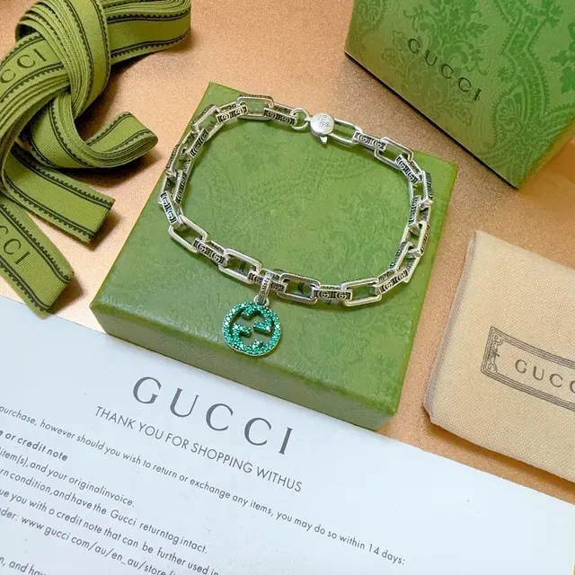 Gucci GG Marmont Silver Green Rectangular Link Chain Engraved Branding Bracelet 6