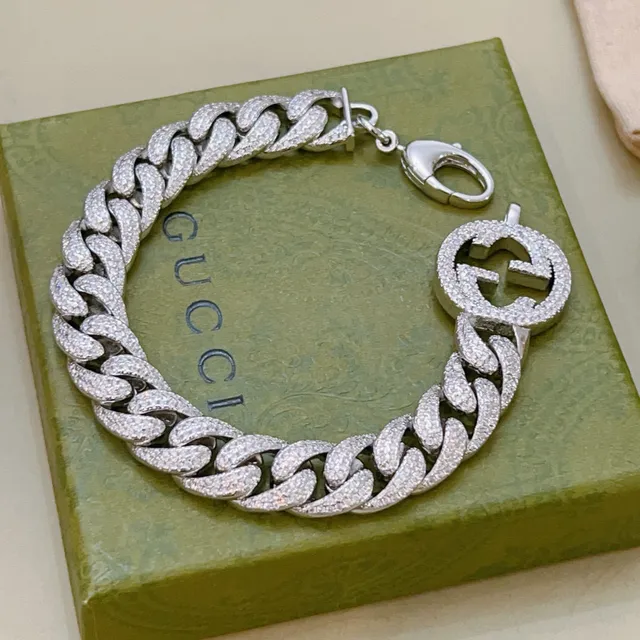Gucci GG Marmont Silver Pavé-Set Curb Chain Interlocking G Clasp Bracelet 3