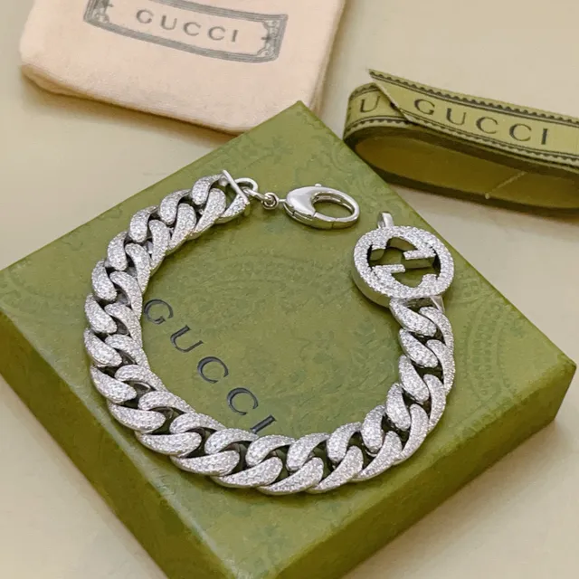 Gucci GG Marmont Silver Pavé-Set Curb Chain Interlocking G Clasp Bracelet 4