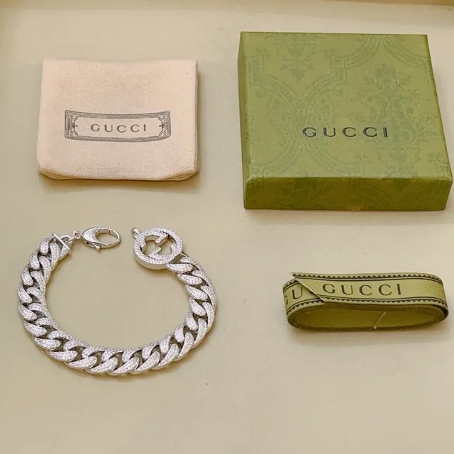 Gucci GG Marmont Silver Pavé-Set Curb Chain Interlocking G Clasp Bracelet 9