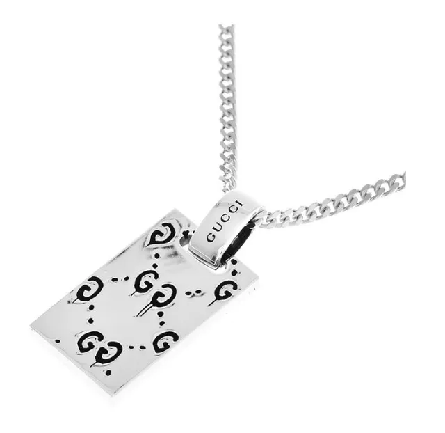 Gucci GG Marmont Silver White Curb Chain Rectangular Enamel Pendant Necklace 6
