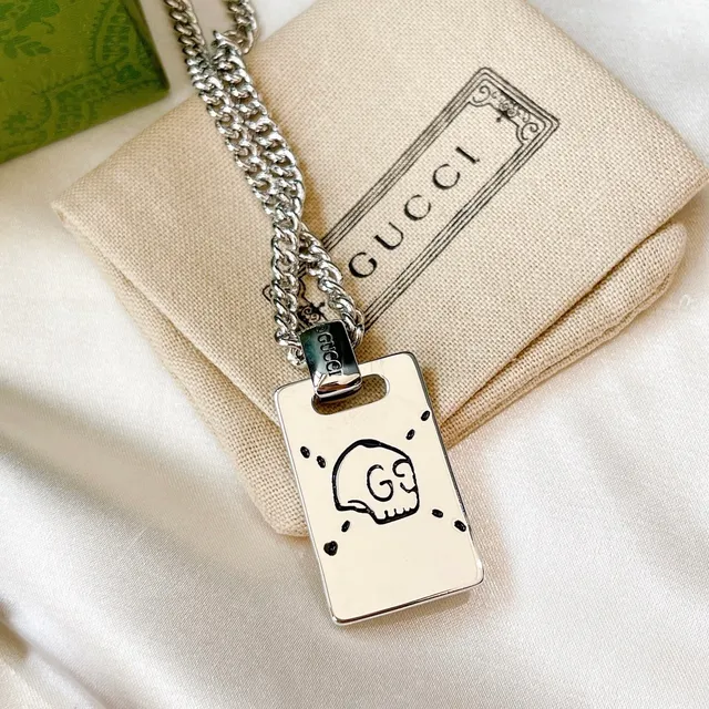 Gucci GG Marmont Silver White Curb Chain Rectangular Enamel Pendant Necklace 7