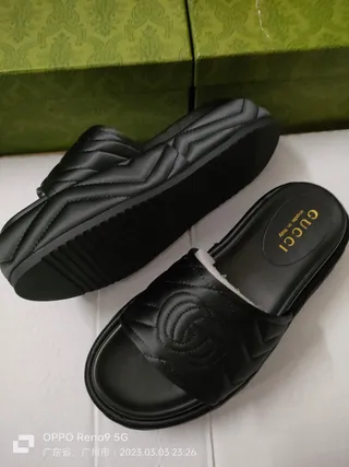 Gucci GG Marmont Slide Black Quilted Leather Slippers 9