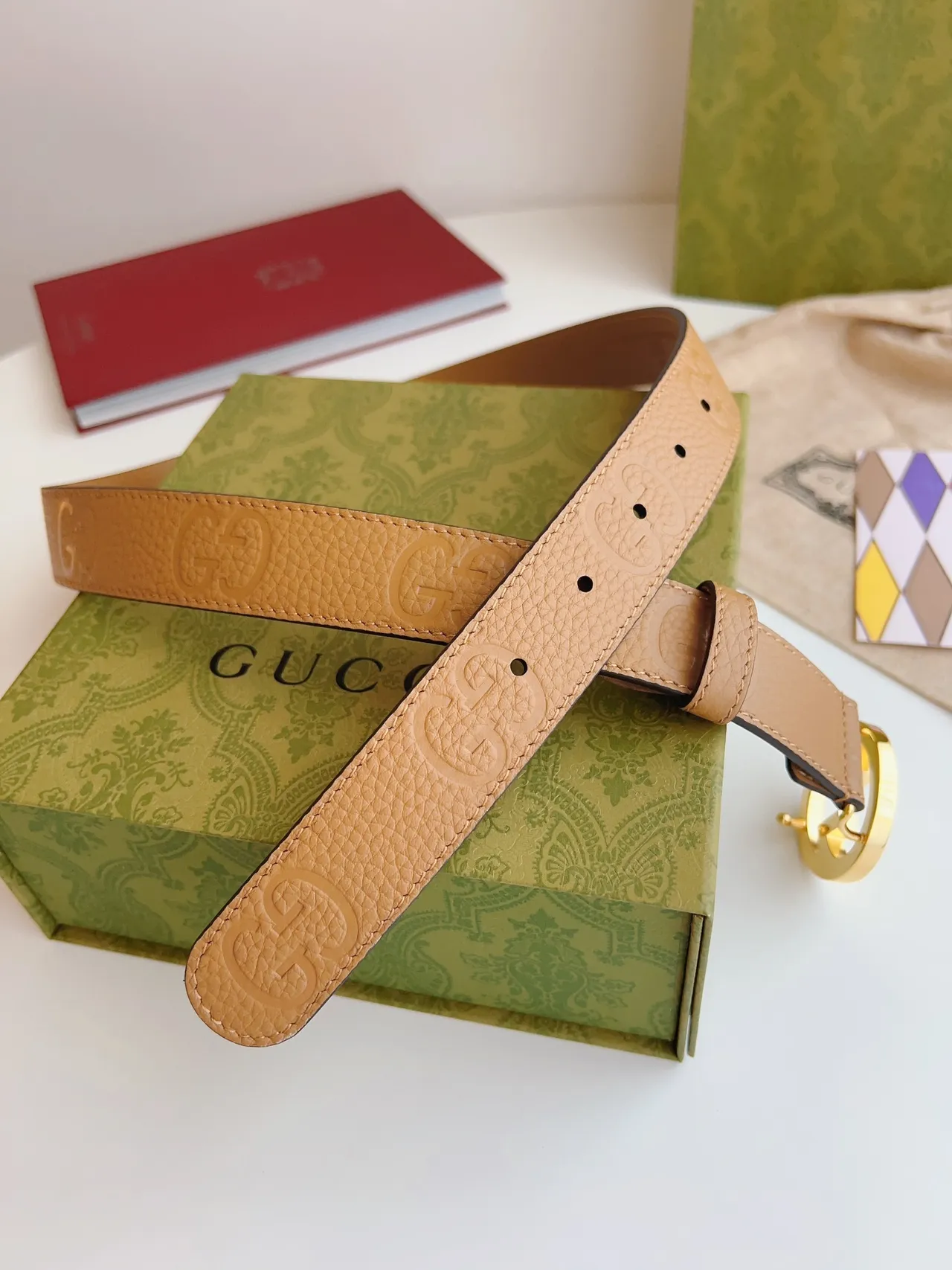 Gucci GG Marmont Tan Pebbled Leather Belt 2
