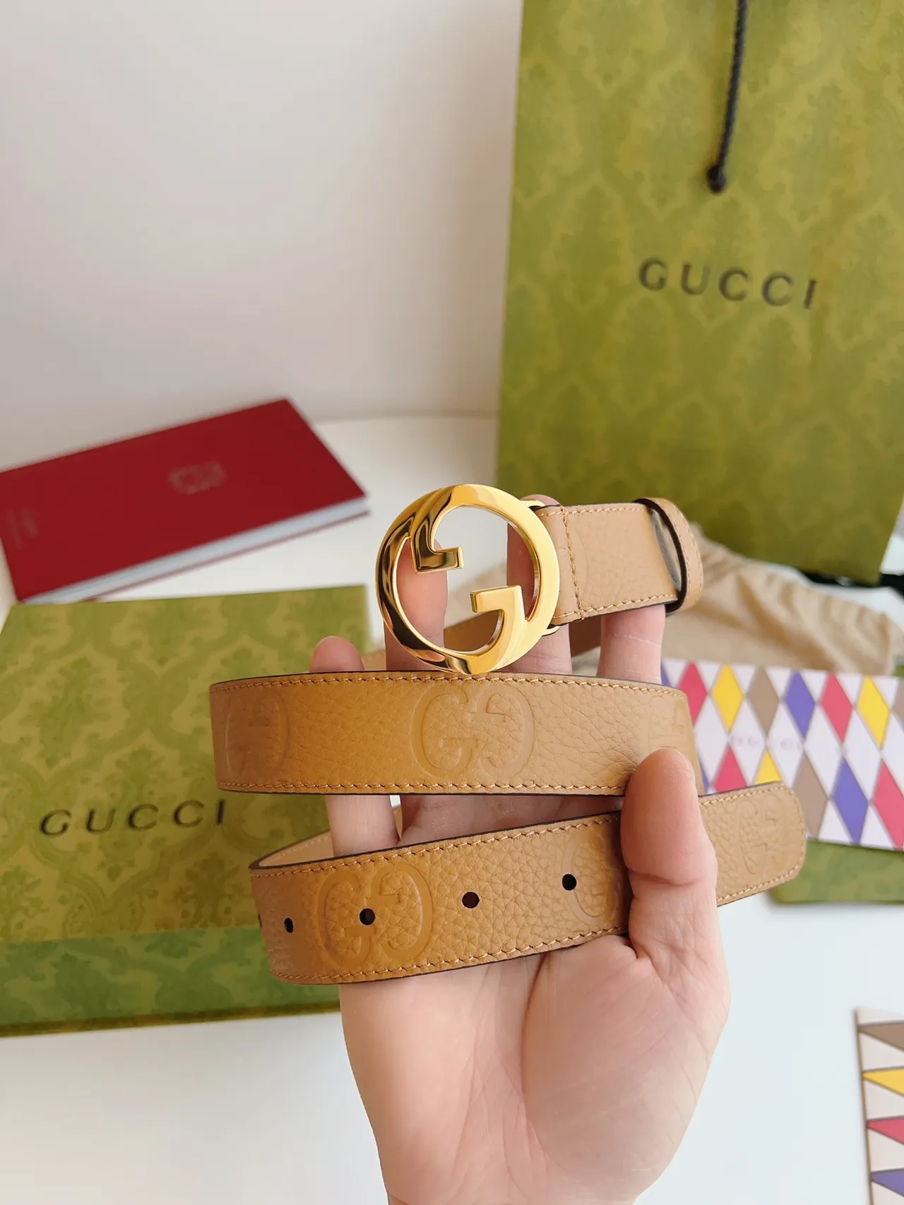 Gucci GG Marmont Tan Pebbled Leather Belt 4