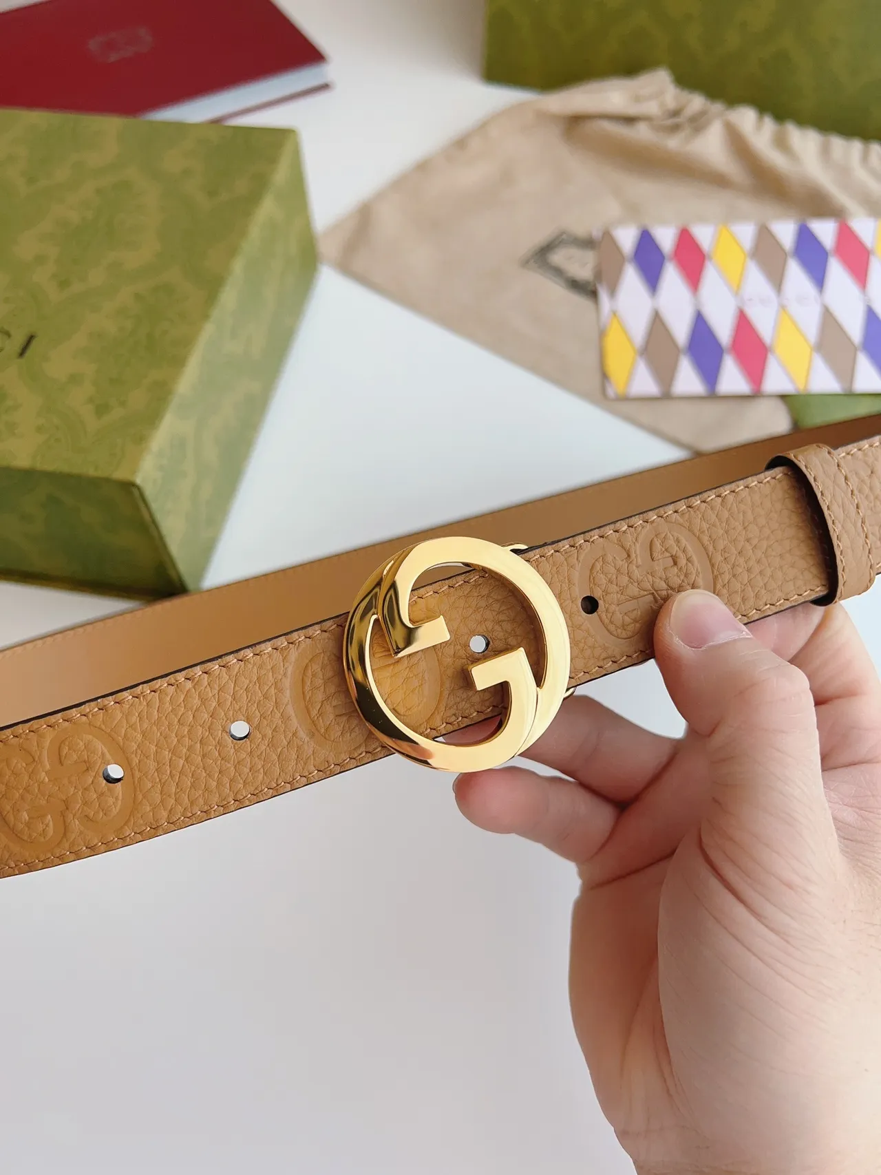 Gucci GG Marmont Tan Pebbled Leather Belt 6