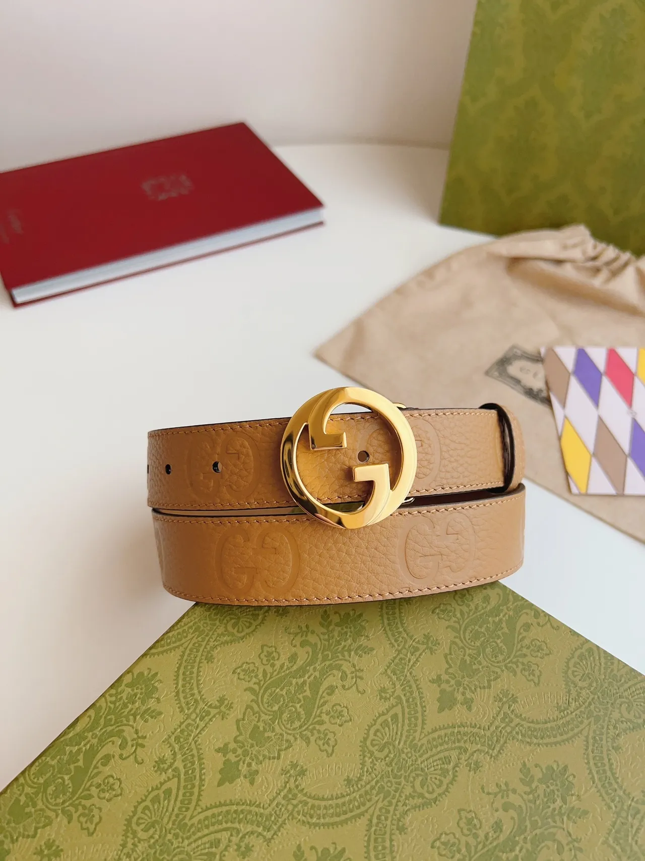Gucci GG Marmont Tan Pebbled Leather Belt 8