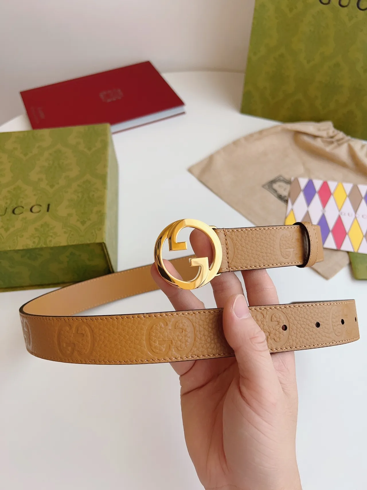 Gucci GG Marmont Tan Pebbled Leather Belt 9