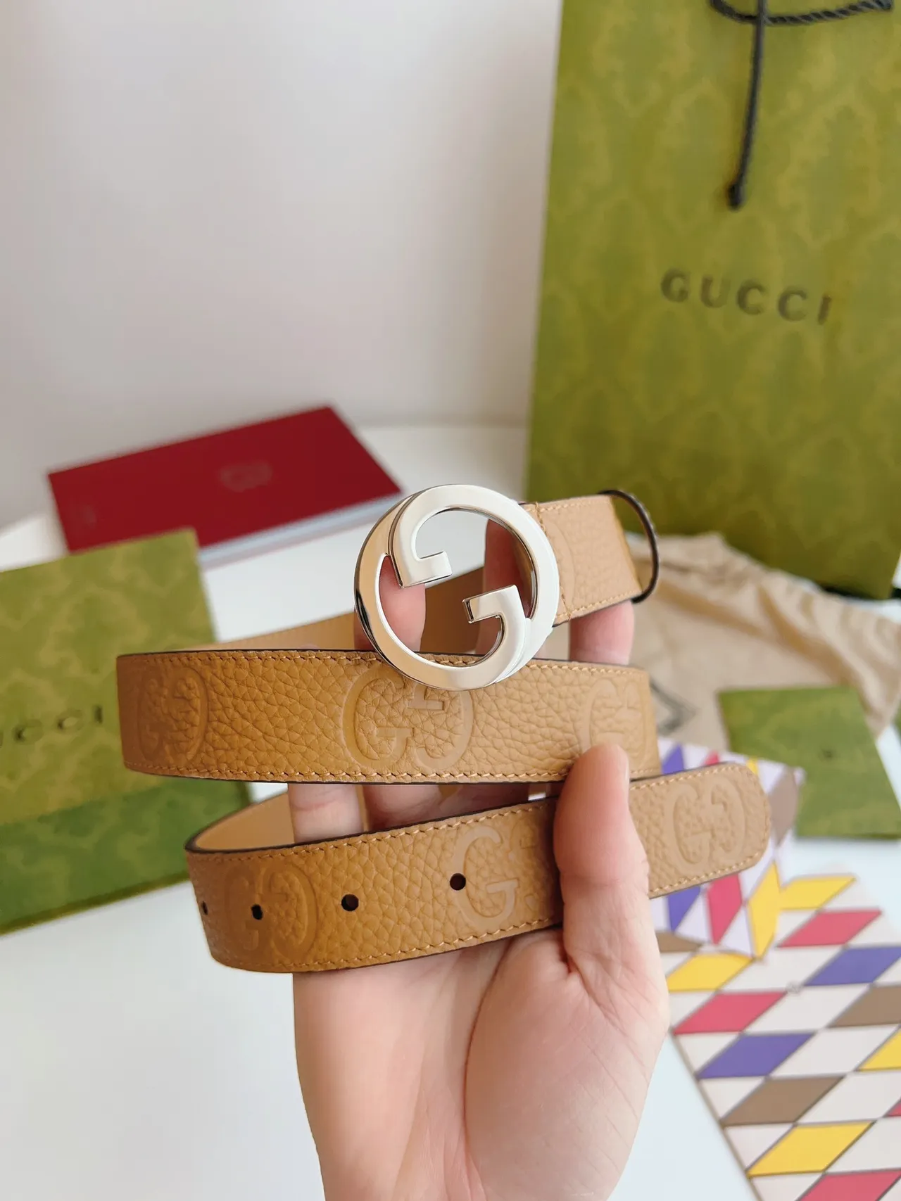 Gucci GG Marmont Tan Pebbled Leather Belt 3