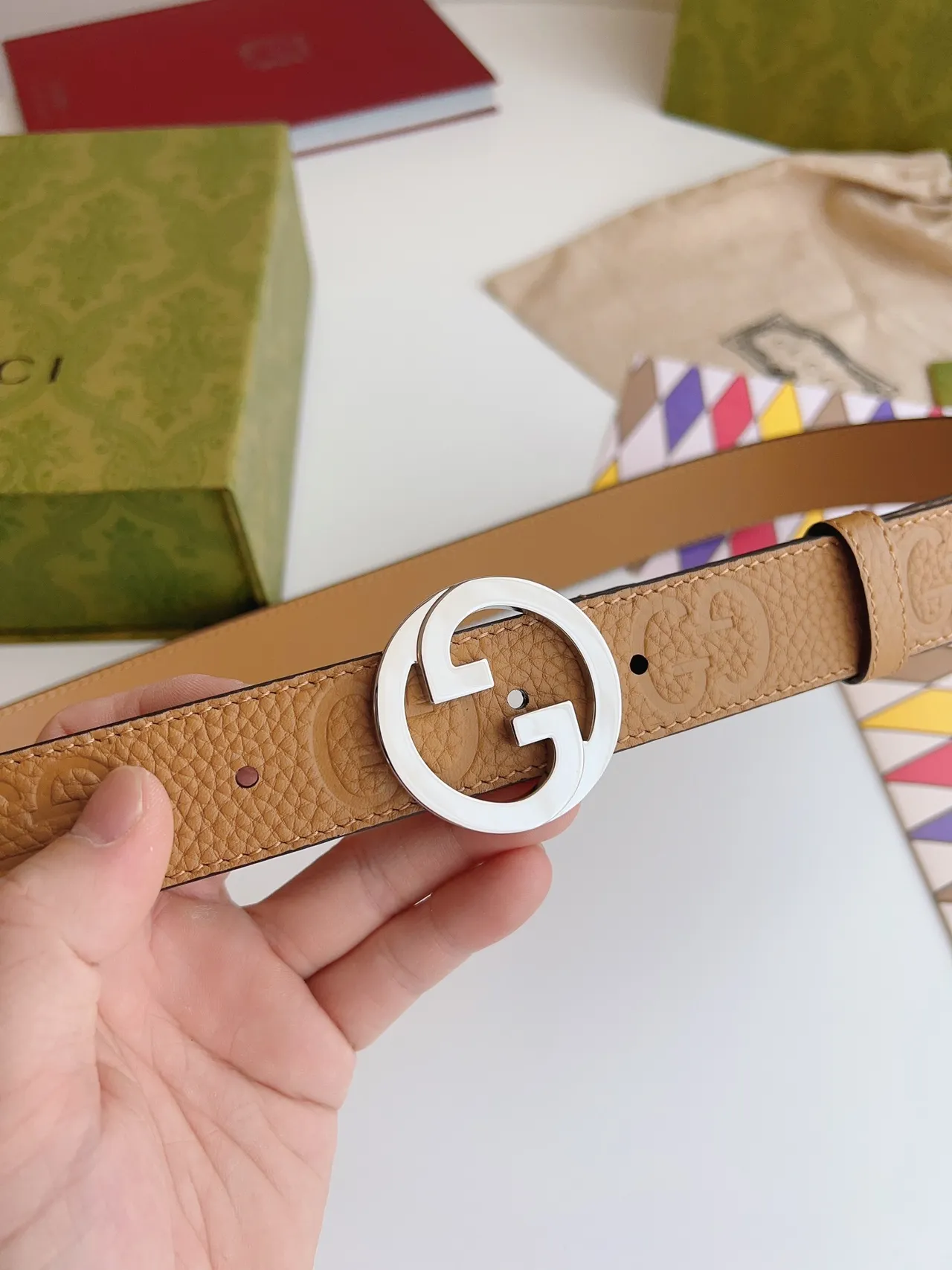 Gucci GG Marmont Tan Pebbled Leather Belt 4