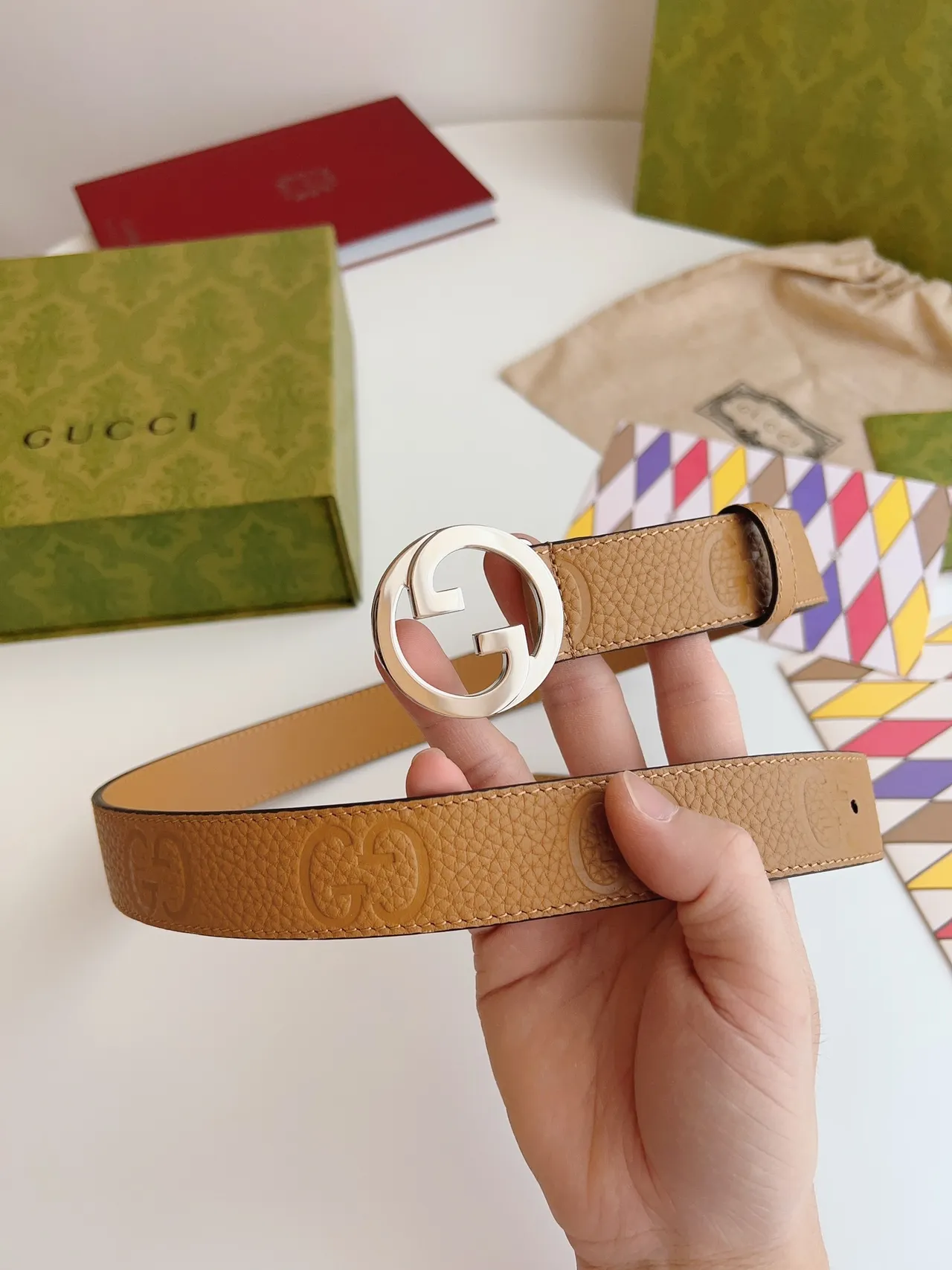 Gucci GG Marmont Tan Pebbled Leather Belt 6