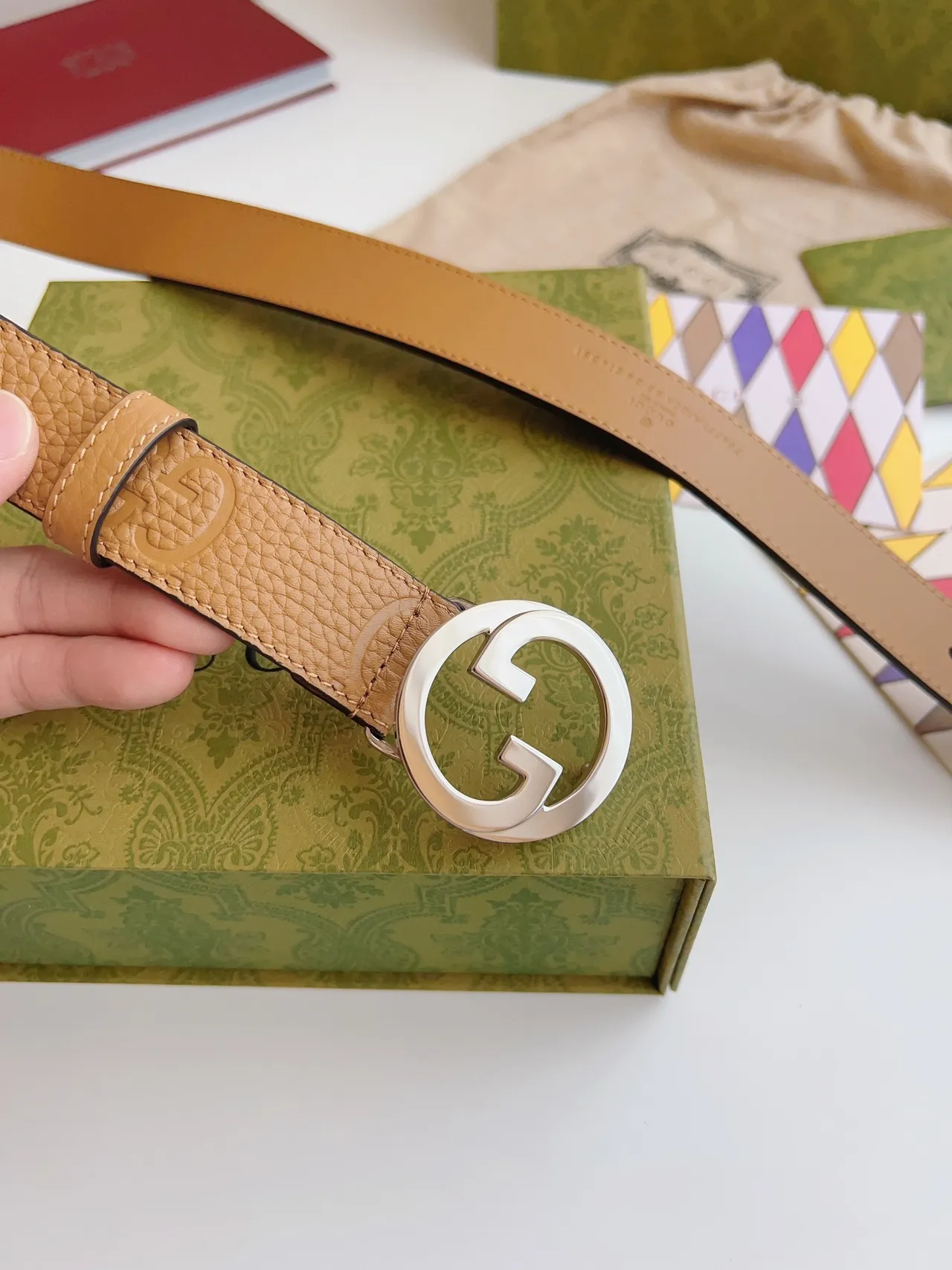 Gucci GG Marmont Tan Pebbled Leather Belt 7