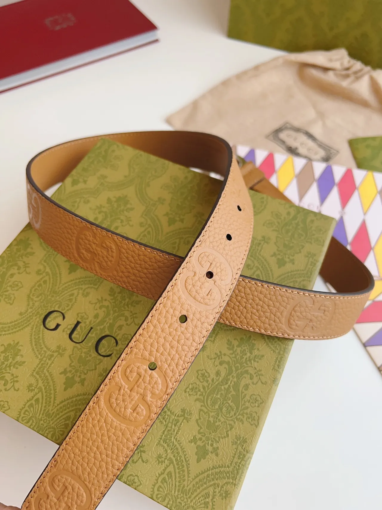 Gucci GG Marmont Tan Pebbled Leather Belt 8
