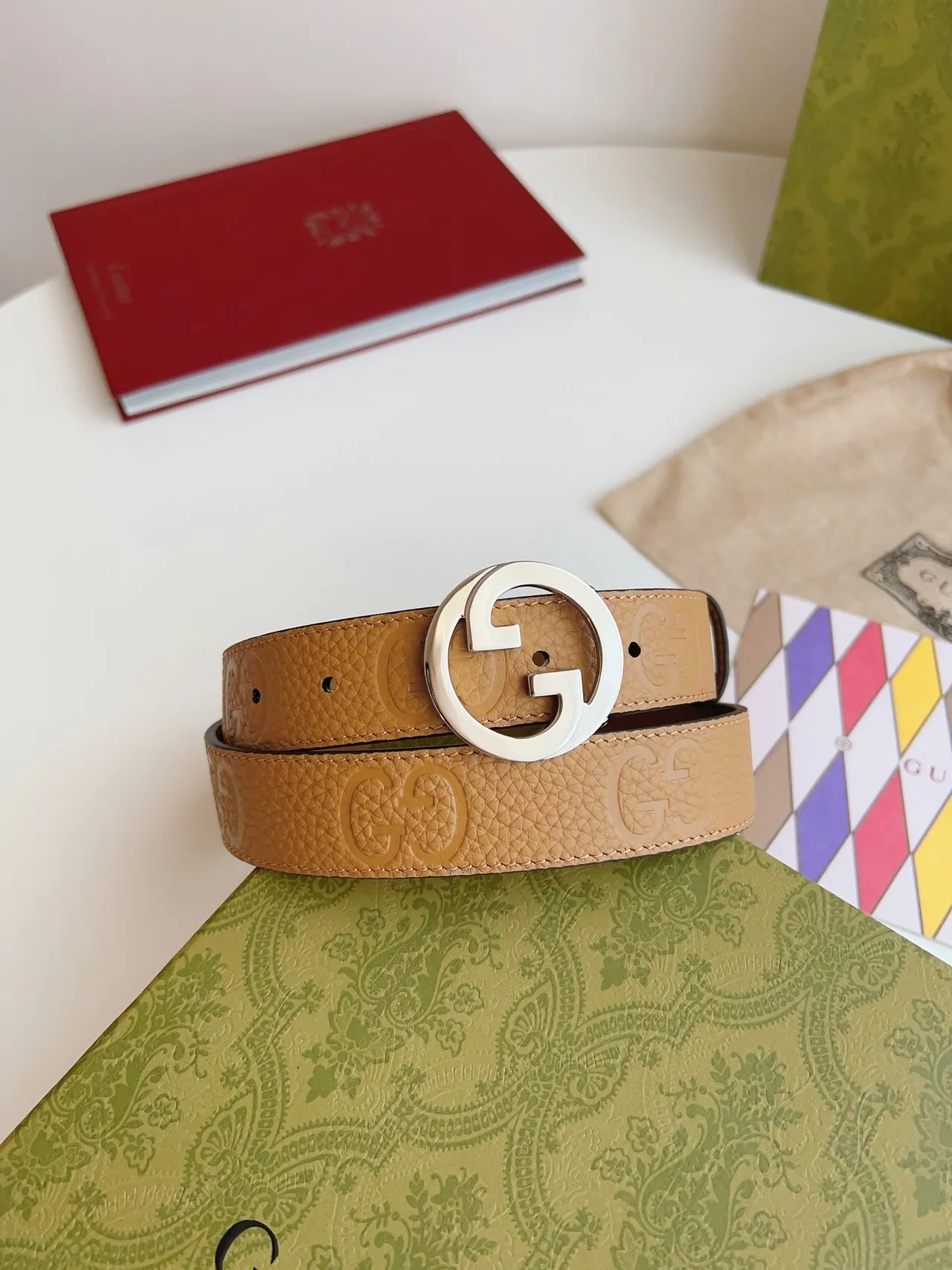Gucci GG Marmont Tan Pebbled Leather Belt 9