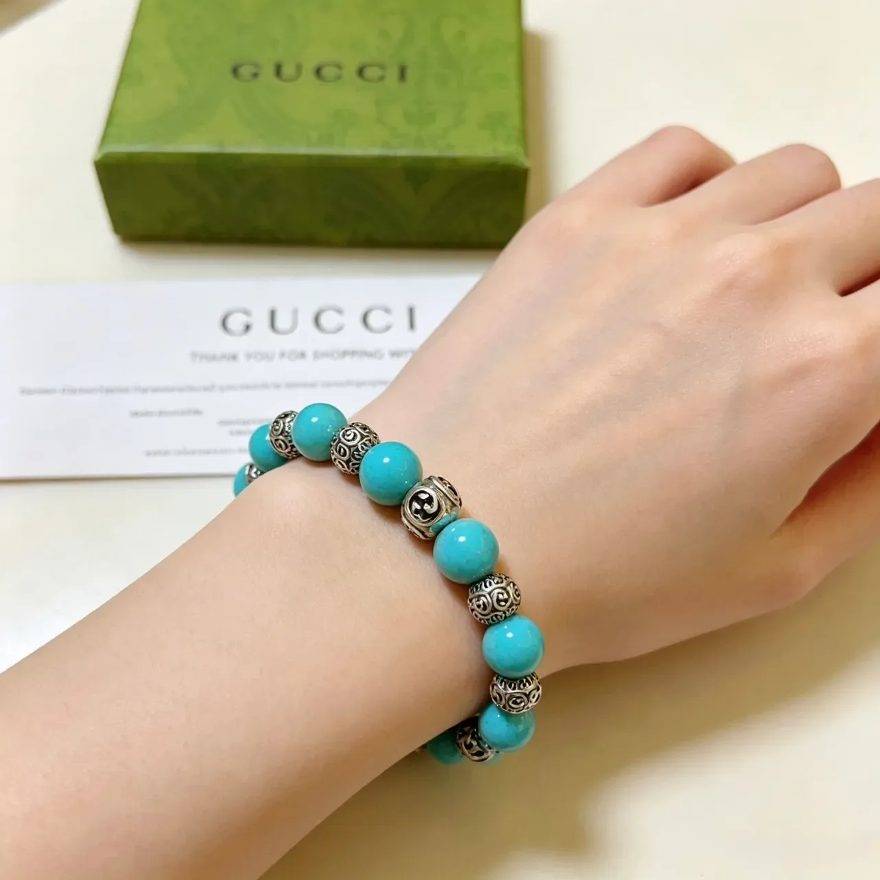 Gucci GG Marmont Turquoise and Silver Beaded Bracelet 2