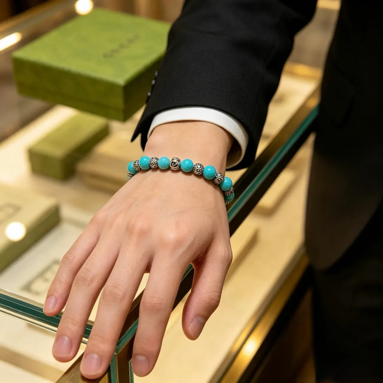 Gucci GG Marmont Turquoise and Silver Beaded Bracelet 3
