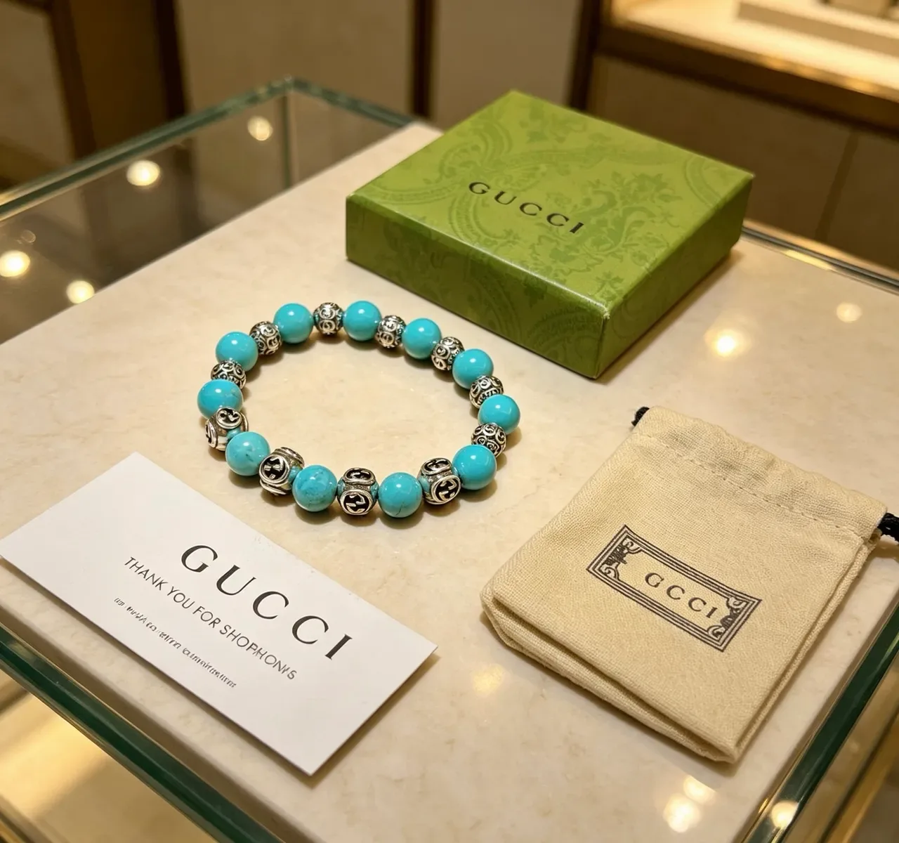 Gucci GG Marmont Turquoise and Silver Beaded Bracelet 4