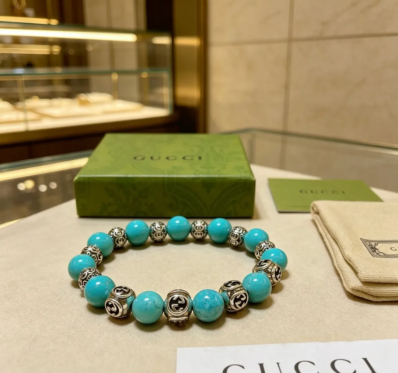 Gucci GG Marmont Turquoise and Silver Beaded Bracelet 5