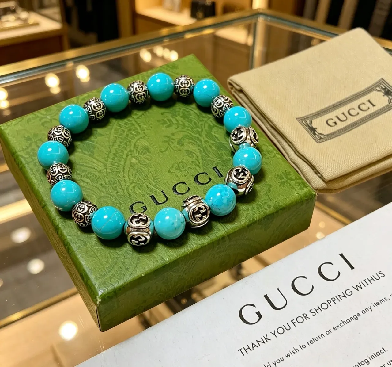 Gucci GG Marmont Turquoise and Silver Beaded Bracelet 7