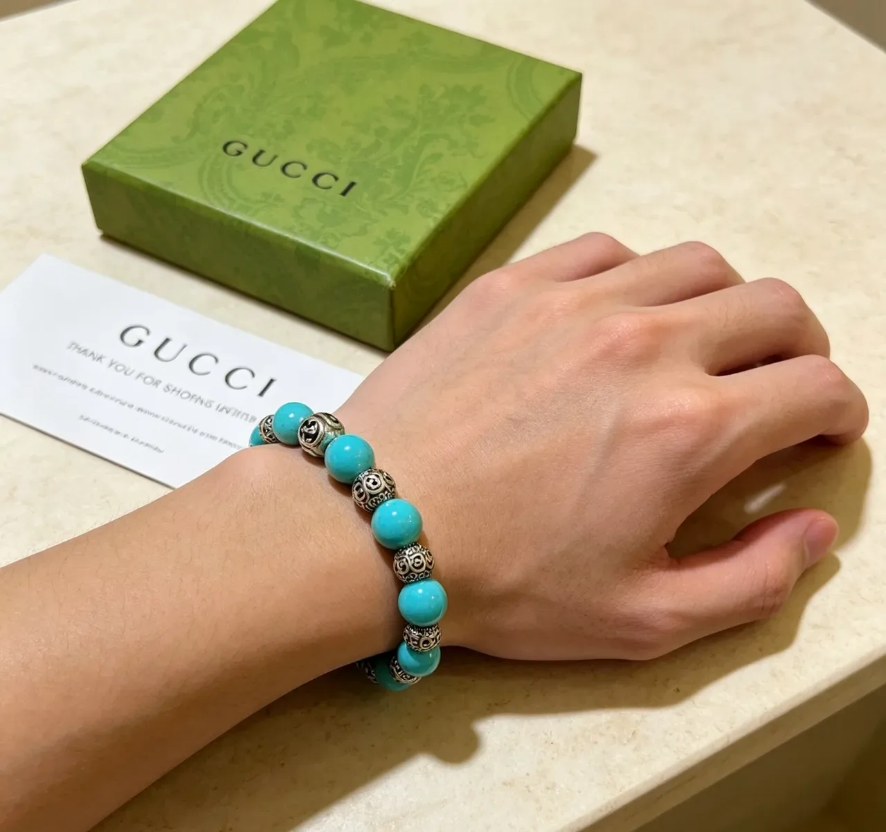 Gucci GG Marmont Turquoise and Silver Beaded Bracelet 8
