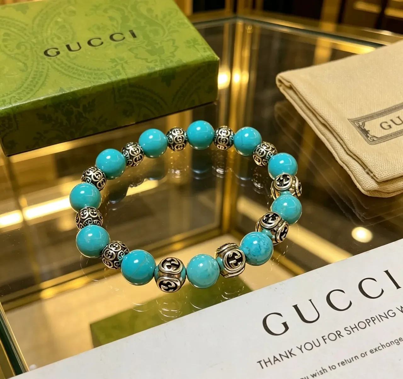 Gucci GG Marmont Turquoise and Silver Beaded Bracelet 9