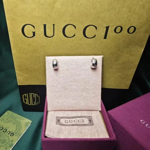 Gucci GG Motif Gold-Tone Enamel Hoop Earrings 4
